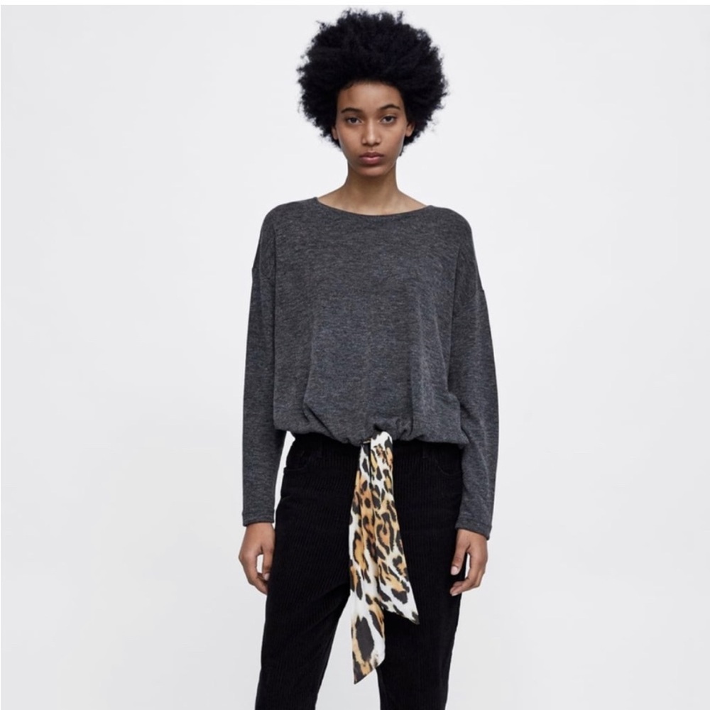 NWT ZARA Gray Crewneck Sweater w/ Leopard Animal Print Tie Oversized Size:Small